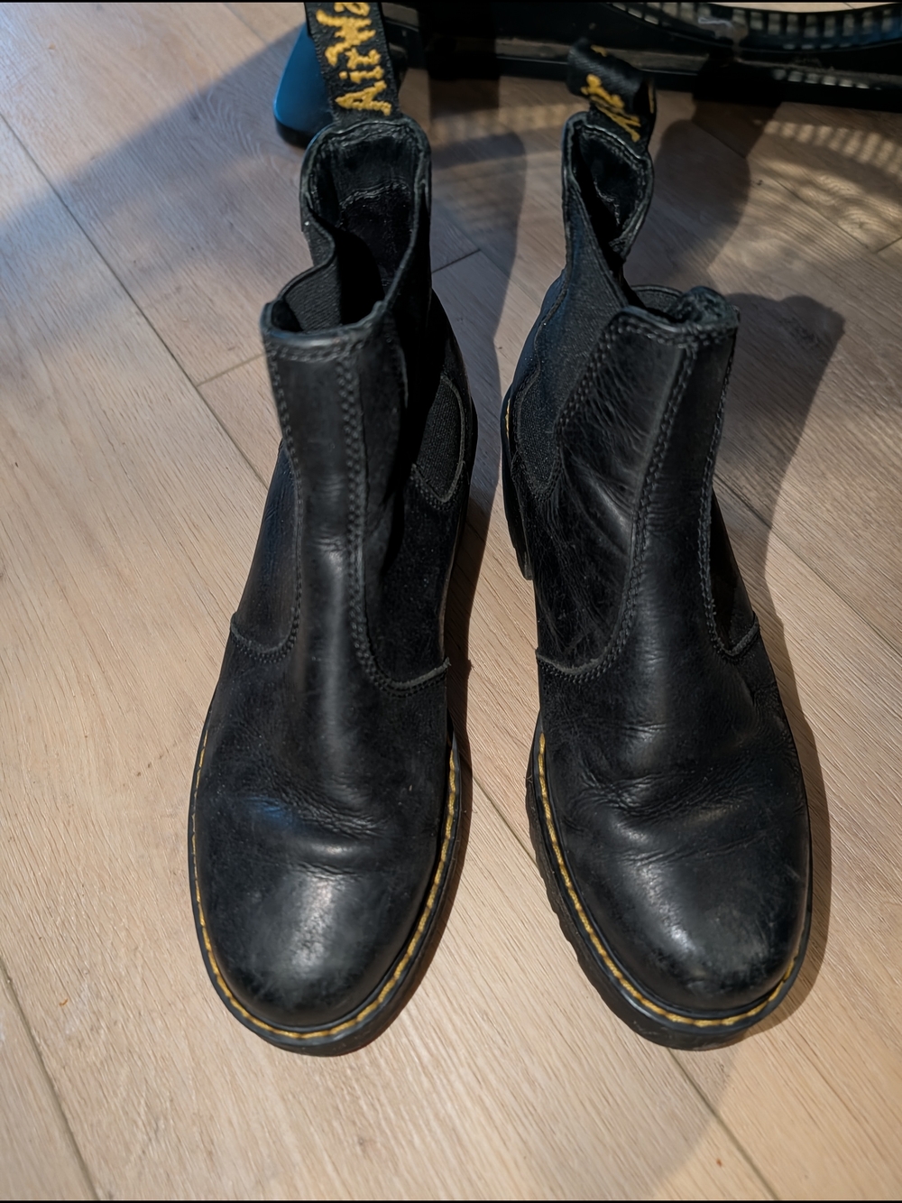 Black Leather Dr. Martens Chelsea Boots with Yellow Stitch Detail - Women